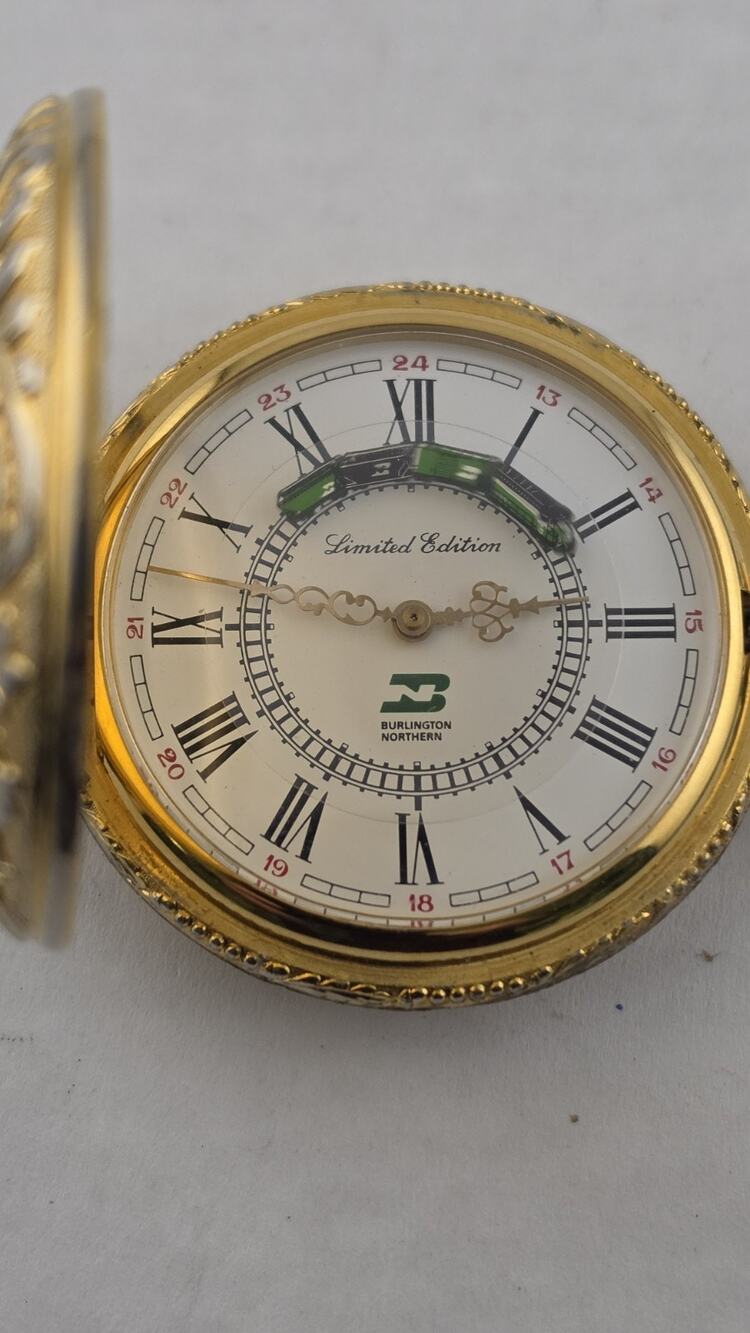 Rare Burlington Northern Train Swiss Pocketwatch Train On Track Limited Edition
